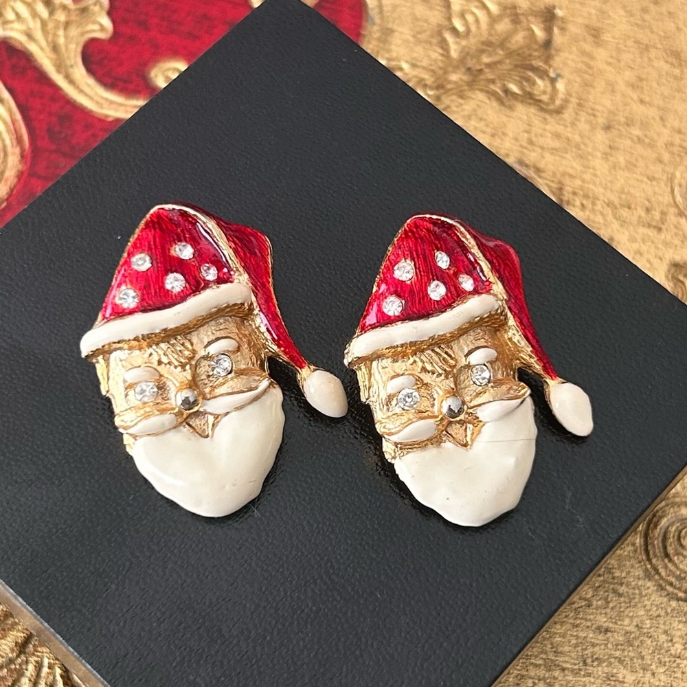 Vintage Don Lin Enamel & Gold Tone SANTA CLAUS Christmas Holiday Earrings